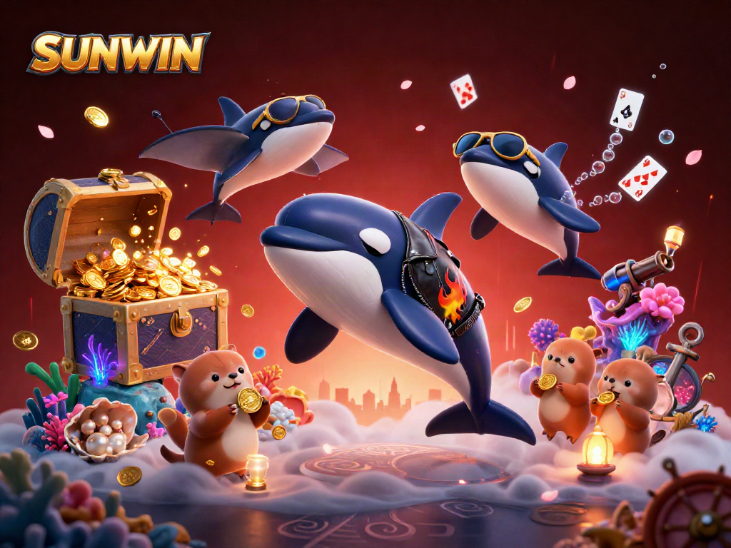 SUNWIN showcases a dynamic underwater scene featuring an orca in leather, a stingray, and otters with coins, evoking thrill.
