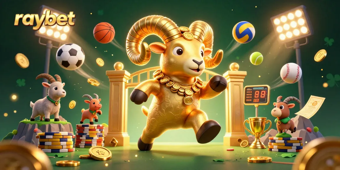 Experience thrilling games at raybet featuring a golden ram charging through casino elements and sports excitement.