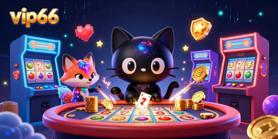 Experience vip66 at the cosmic casino, featuring a black hole cat and vibrant gambling elements.