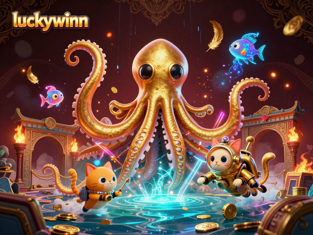 Experience thrilling wins at luckywinn with a 3D illustration of a kraken, diving cat, and deep-sea fish.