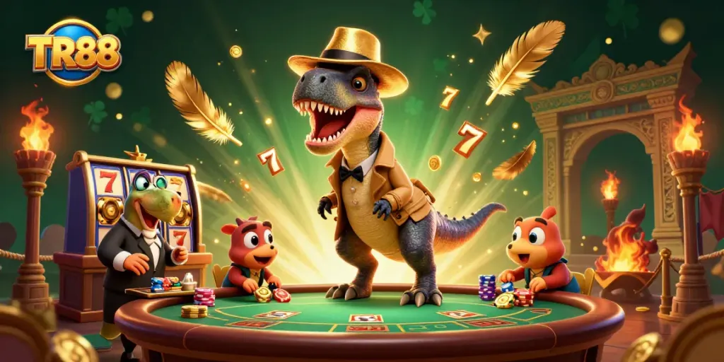 Observe the TR88 velociraptor card counter cleverly blending in at a blackjack table amid vibrant casino elements.