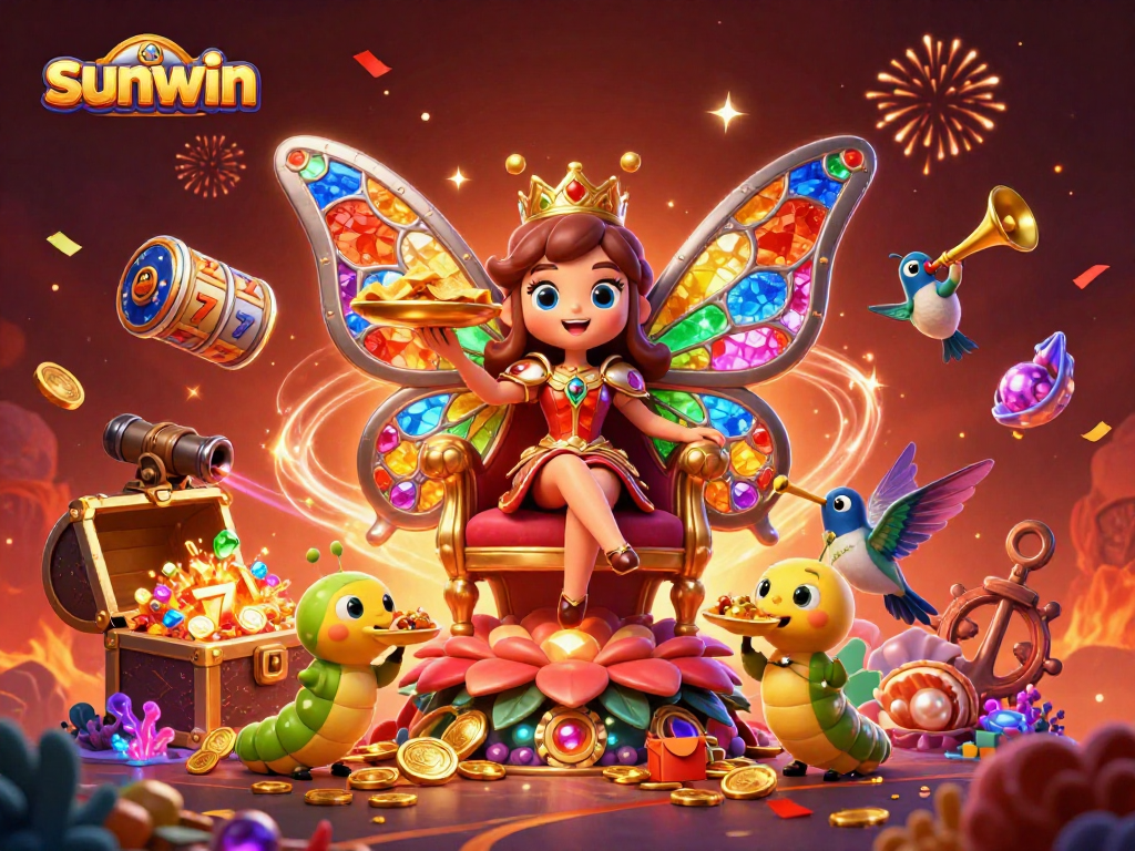 Experience the magic of sunwin with an energetic 3D casino-themed illustration featuring vibrant characters and game elements.