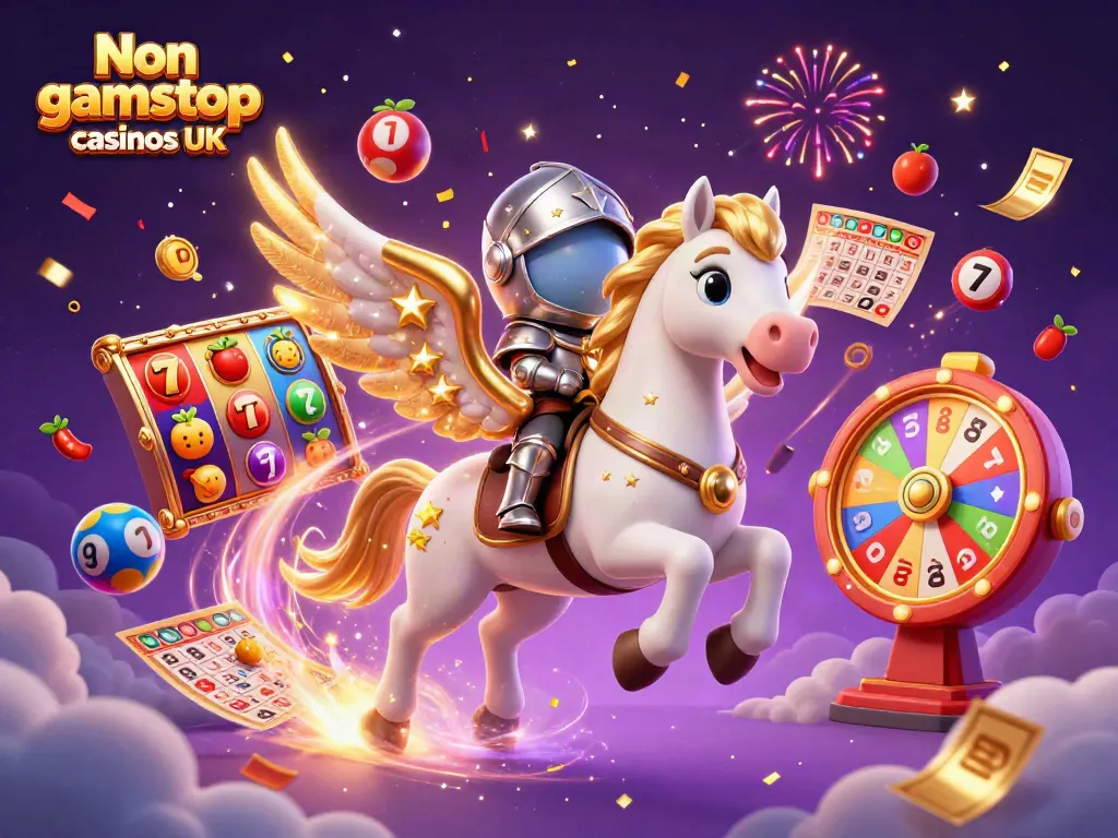 Enjoy a thrilling scene with a celestial horse at Non gamstop casinos UK surrounded by colorful game elements.