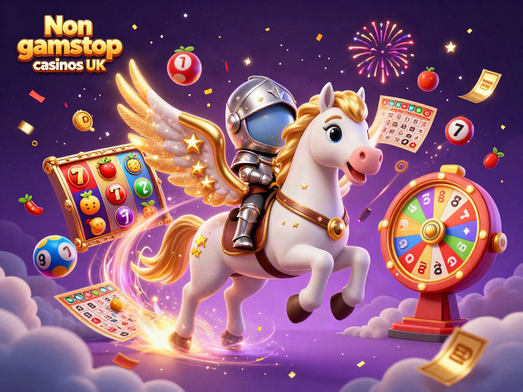 Enjoy a thrilling scene with a celestial horse at Non gamstop casinos UK surrounded by colorful game elements.