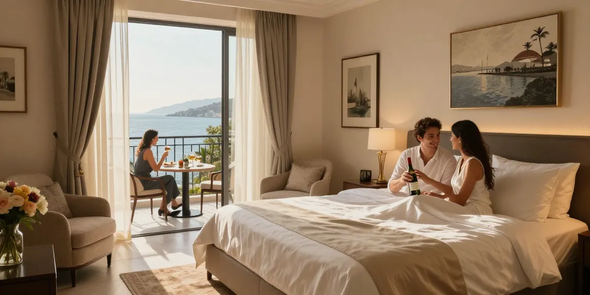 Romantic hotel scene showcasing Antalya Eskort services with a couple in an elegant room.