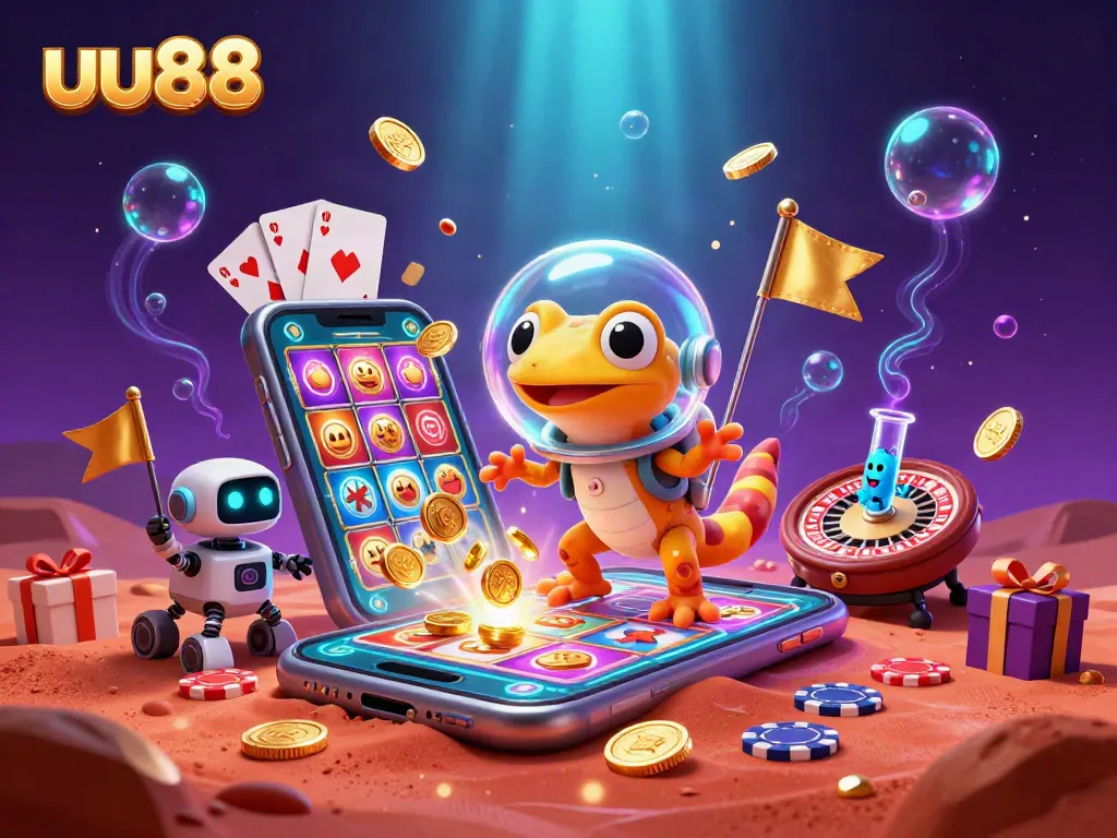 Engage with uu88's thrilling 3D casino adventure featuring a Martian gecko in a golden casino.