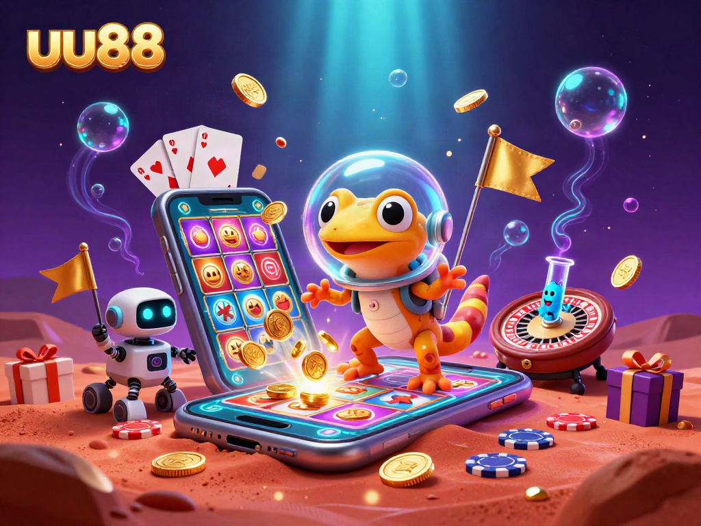 Engage with uu88's thrilling 3D casino adventure featuring a Martian gecko in a golden casino.