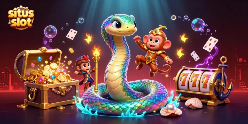 Experience the vibrant world of situs slot with a playful scene featuring a rainbow serpent, monkey king, and dynamic game elements.