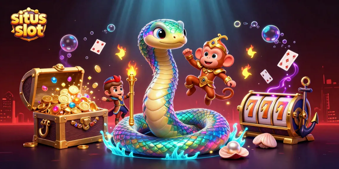 Experience the vibrant world of situs slot with a playful scene featuring a rainbow serpent, monkey king, and dynamic game elements.