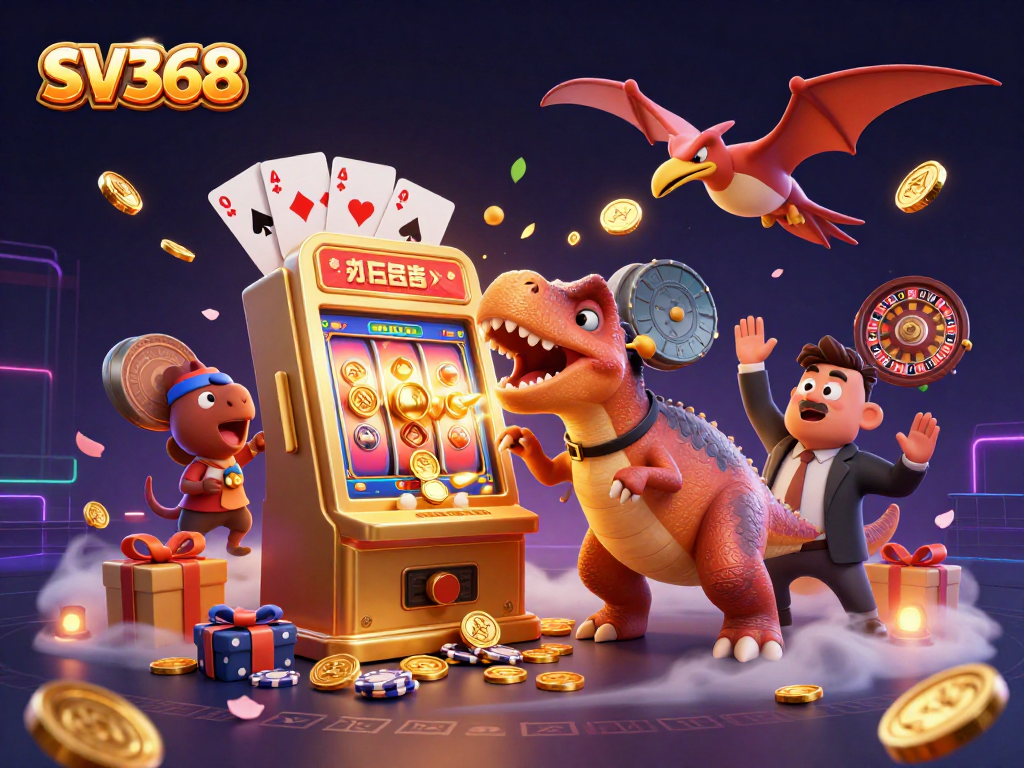 SV368 impressively depicts a pachycephalosaurus winning jackpot coins from a golden slot machine.