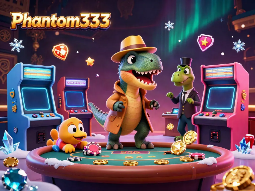 Phantom333 engaging 3D scene with cartoon velociraptor card counter and stegosaurus pit boss at a blackjack table.