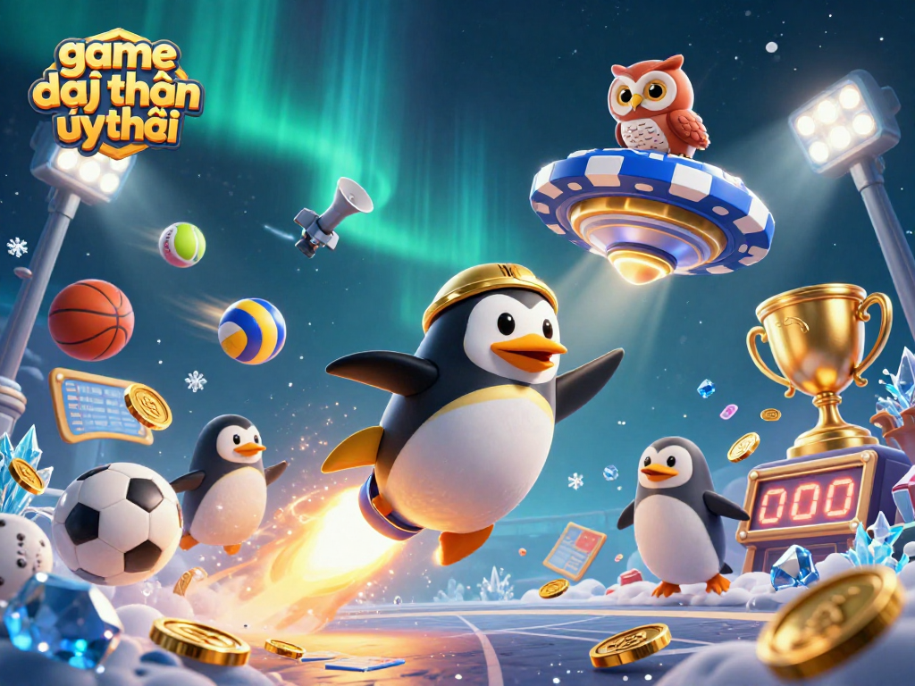 Play exciting games at game đổi thưởng uy tín, featuring a dynamic penguin and casino elements in space!