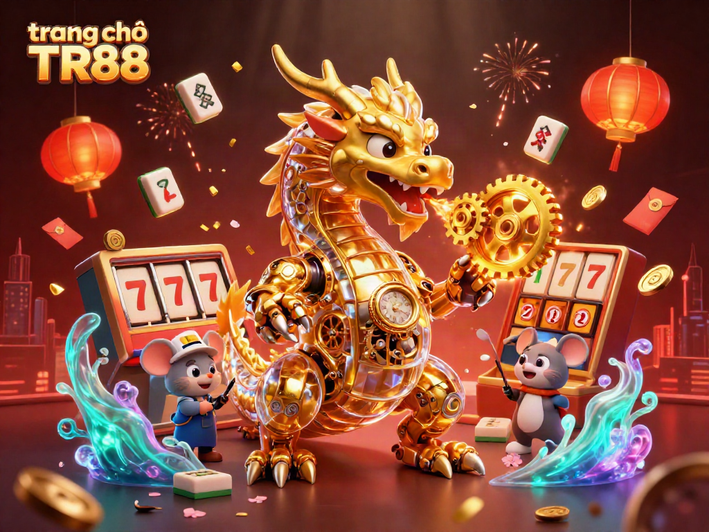 Experience excitement at the trang chủ TR88 casino with dynamic 3D golden dragon and gaming elements.