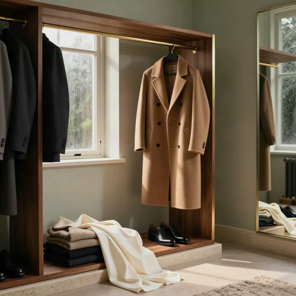 Refined wardrobe edit in a moody dressing room with tailoring, knits, shoes and rain-lit window glow