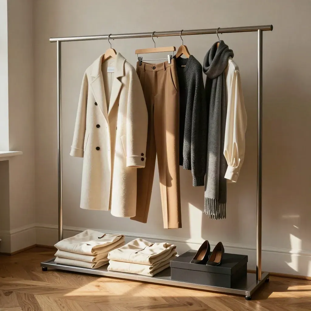 Floor rail of curated clothes, dust bags and shoe box in a warm boutique corner.