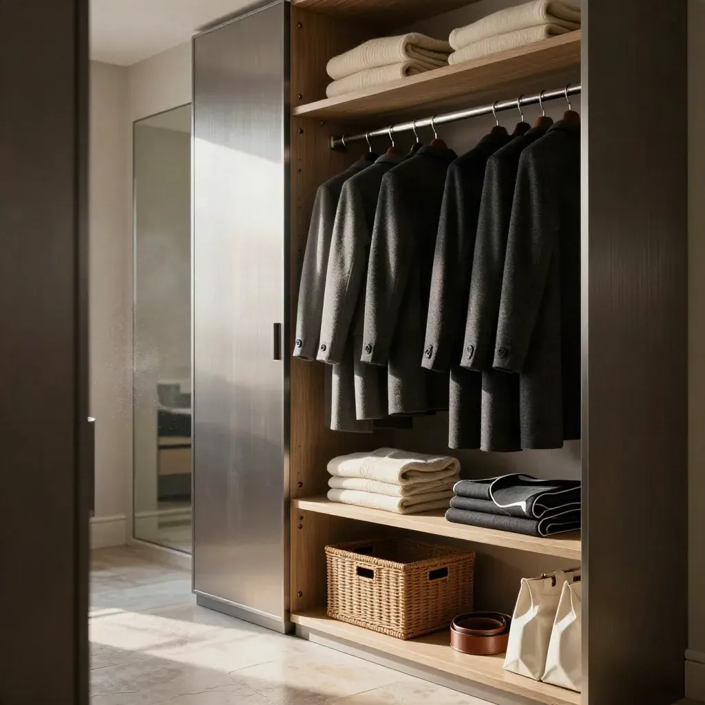 Open wardrobe audit with sorted coats, folded knits and a donation box in a calm dressing room.