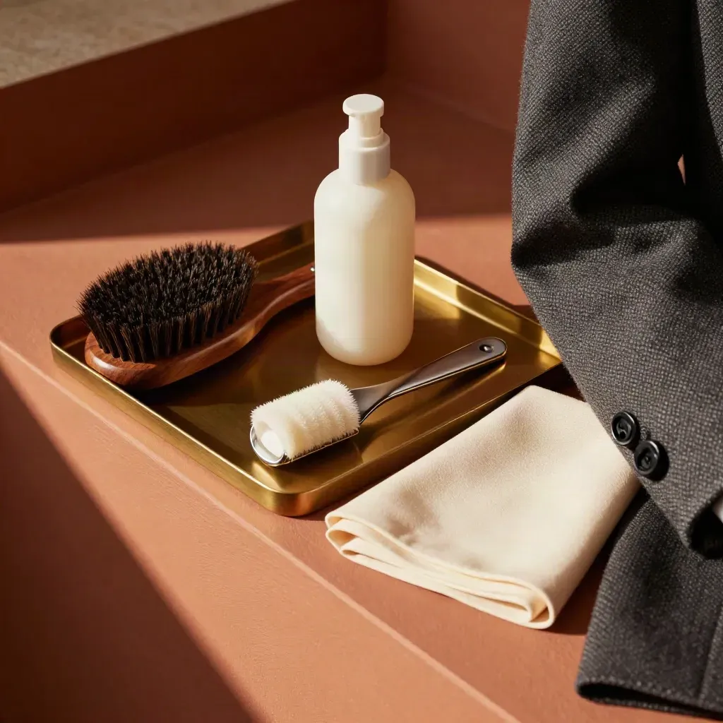 Grooming tray with brush, skincare bottle, lint roller, collar stiffener and pocket square on stone.