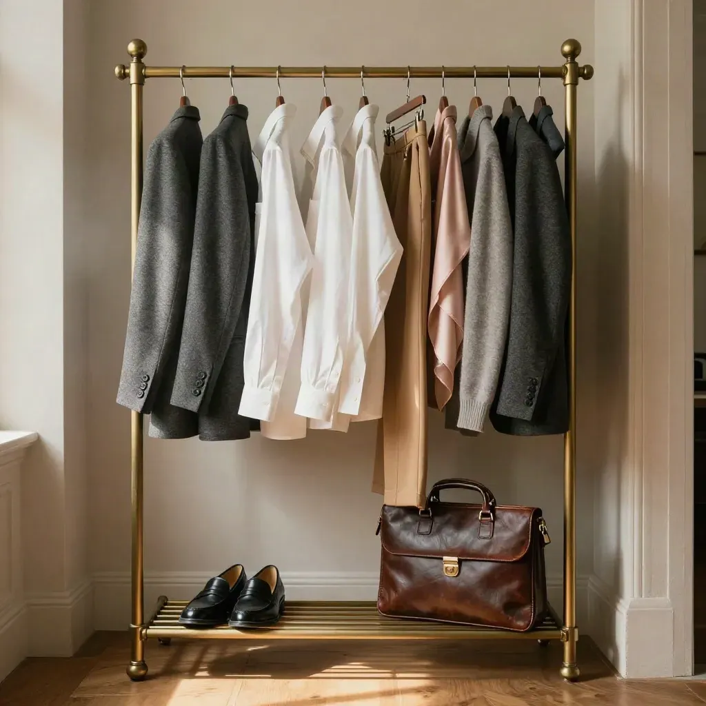 Organized workwear rail with tailored blazers, shirts, loafers and briefcase in warm window light.
