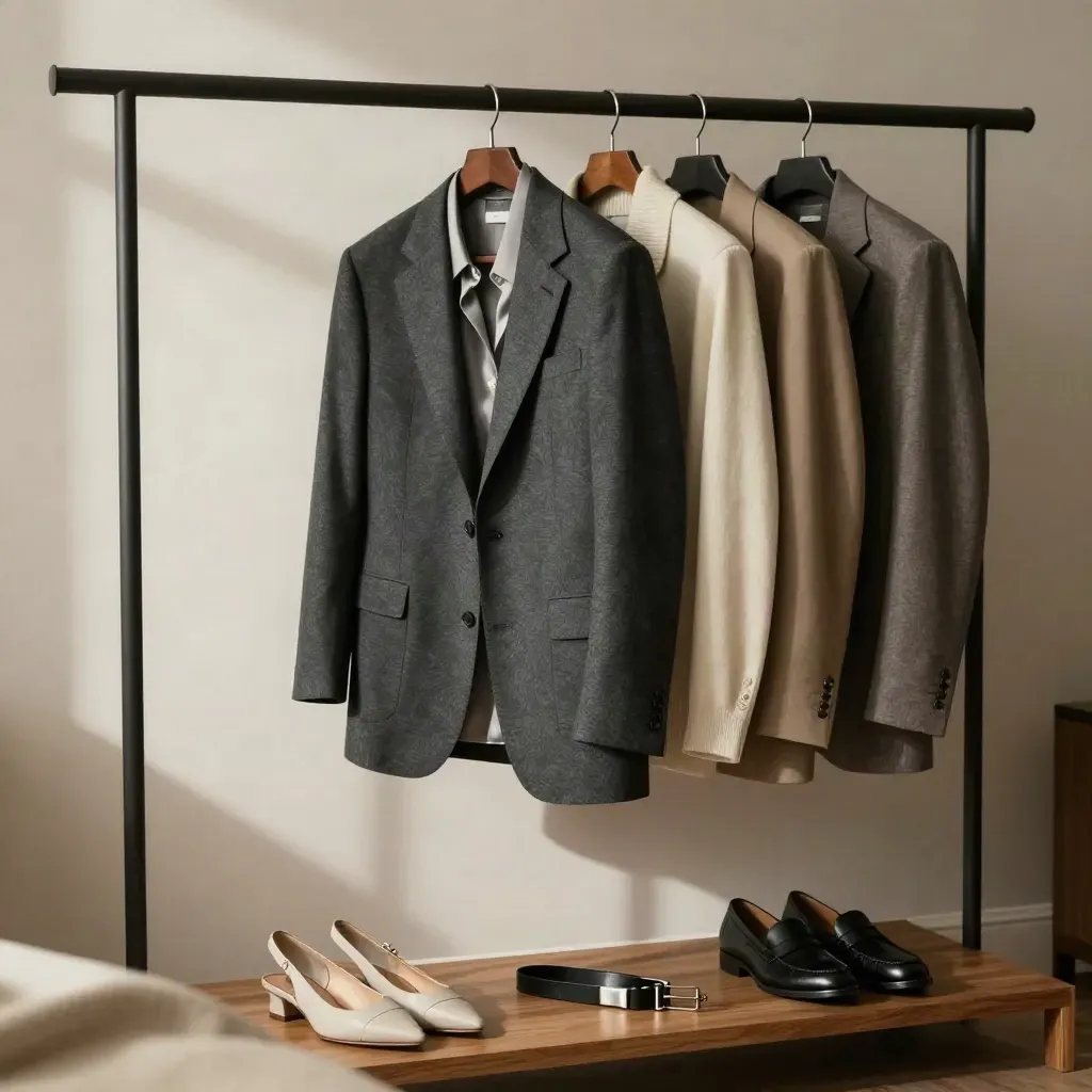 Five polished outfits on a backstage rail with shoes and accessories, blazer stepping forward.