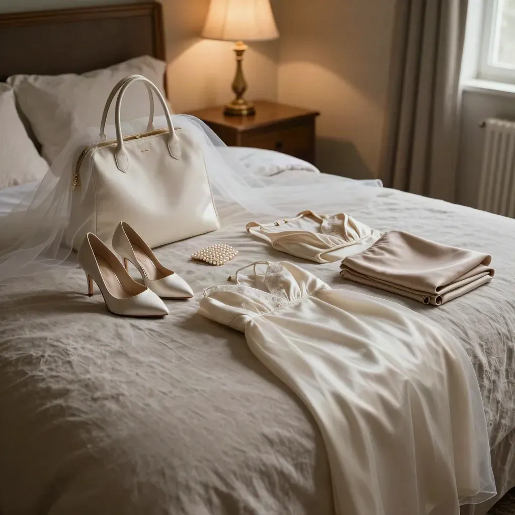 Bridal dress bag, heels, veil, comb, and folded outfits arranged on a pale bed.