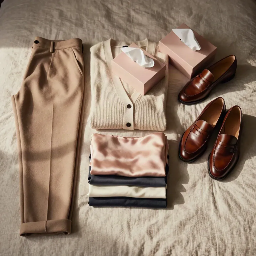 Overhead flatlay of tailored trousers, cardigan, loafers and accessory boxes on a linen bed.