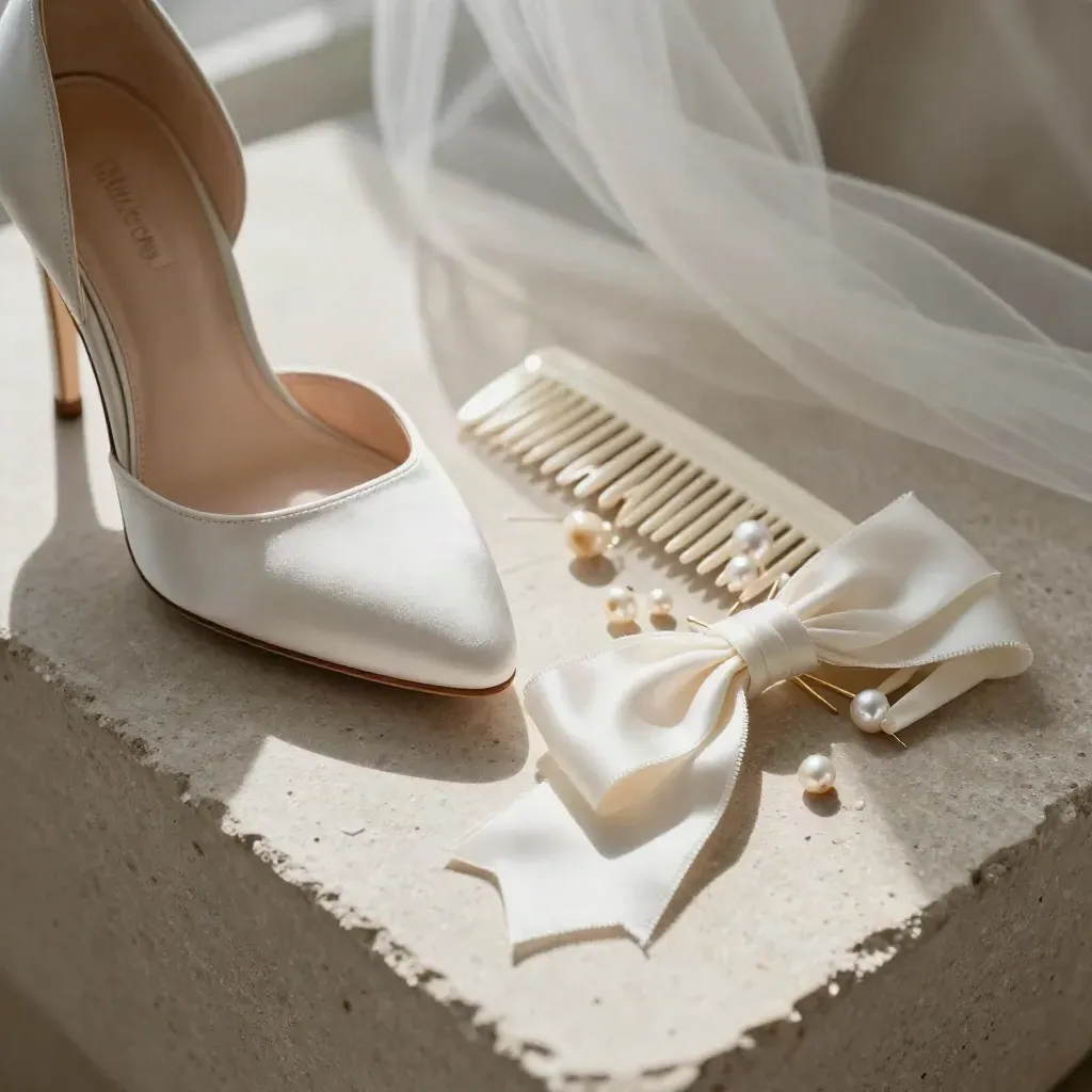 Bridal details on pale stone: satin heel, veil comb, pearl pins and a silk bow.