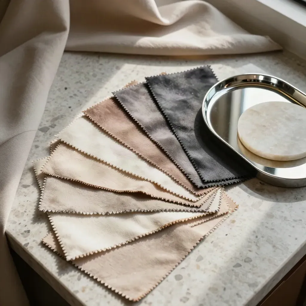 Top-down colour swatches, neutral drape and chrome tray on travertine in dramatic studio light.