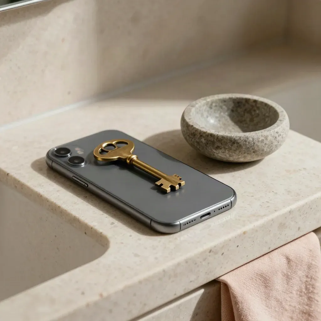 Smartphone, brass key and stone bowl on a travertine shelf with a blush linen accent.