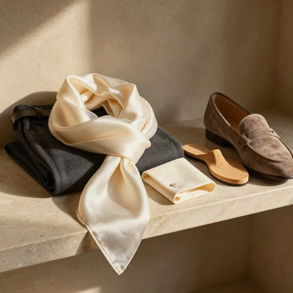 Overhead still life of scarf, folded clothes, shoe trees and a loafer on pale plaster.