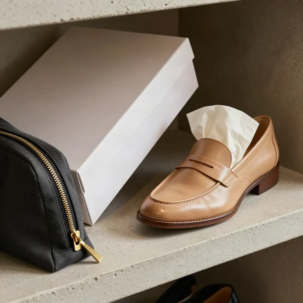 Garment bag zip, shoe box lid, and polished loafer on pale concrete