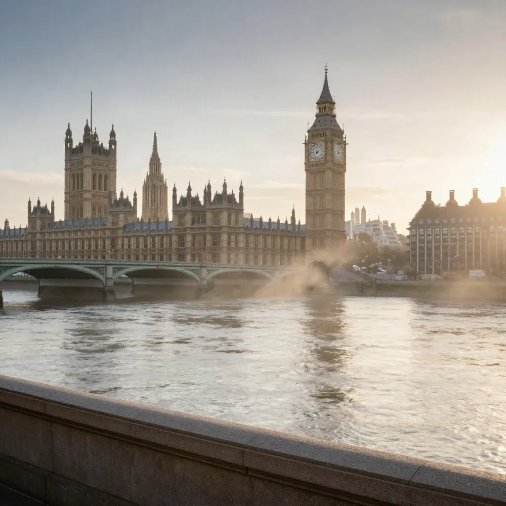 Westminster and the Thames at blue hour, with Palace of Westminster high above a calm hazy river.