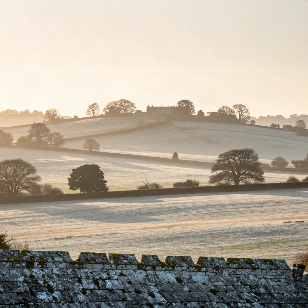Surrey chalk ridge, manor roof, misty pasture and tree line in warm late light