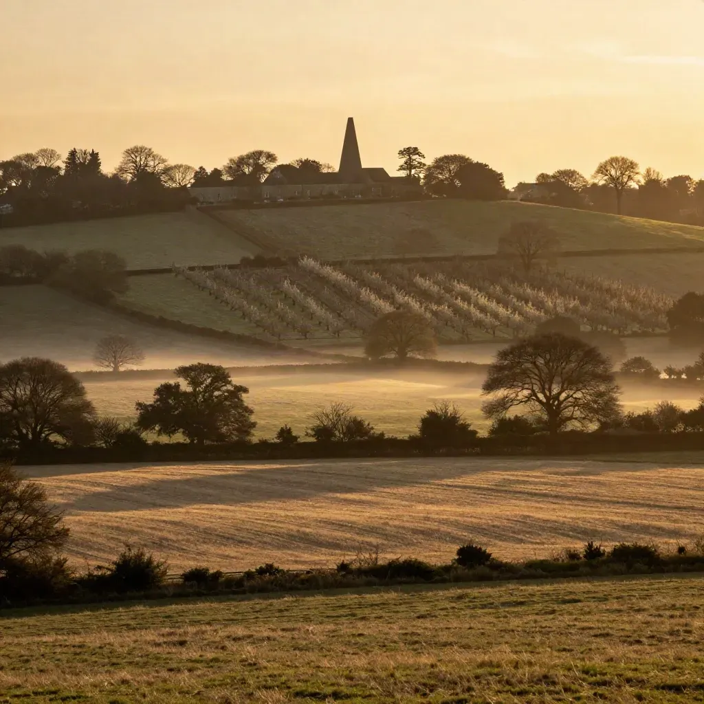 Kent valley at golden hour with an oast house on the ridge, orchard rows, and misty fields.