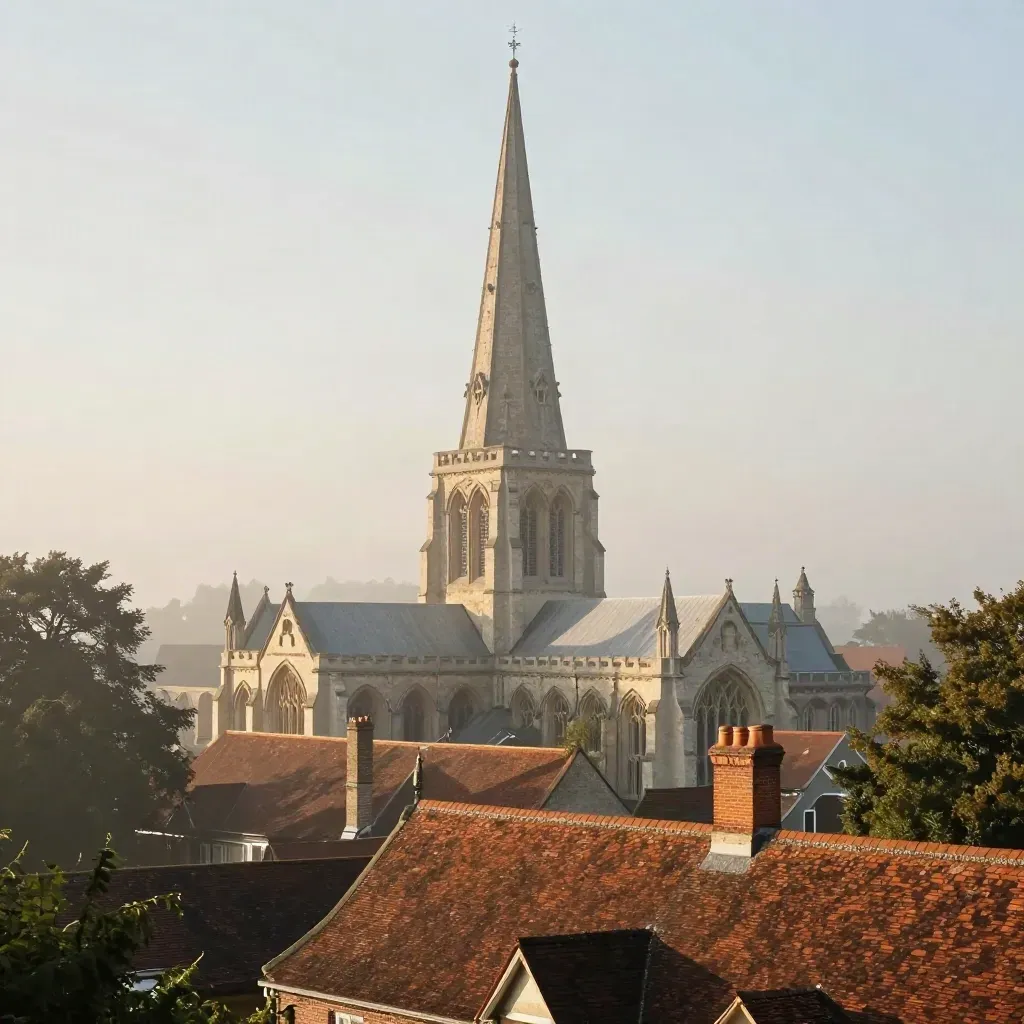 Hertfordshire cathedral spire above brick roofs in pearly morning haze