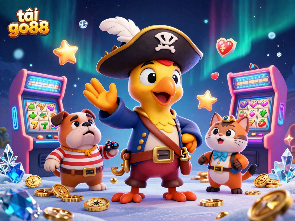Engage in thrilling gameplay with tải go88 as a cartoon pirate captain leads the adventure in a vibrant casino realm.