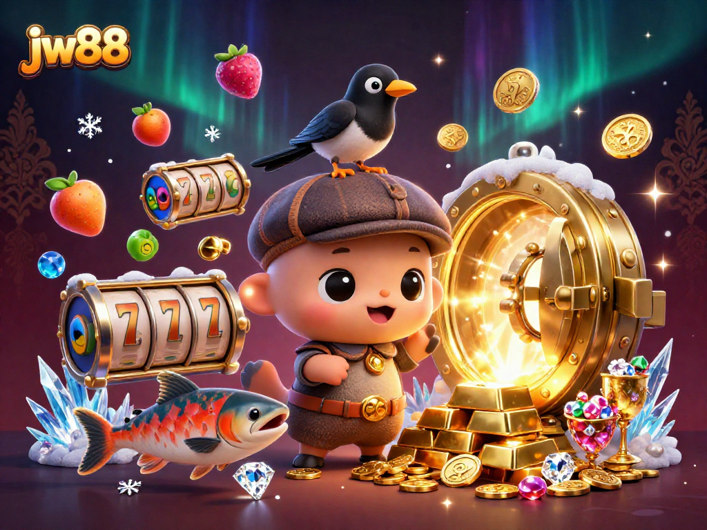 Win big at jw88 with 3D cartoon baby Nessie surrounded by slot symbols and gold treasures.