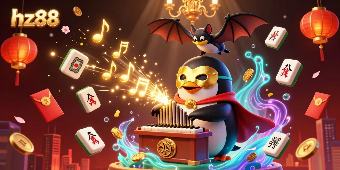 Engage in the thrilling atmosphere of hz88 with a vibrant scene depicting a penguin playing organ amidst floating casino elements.