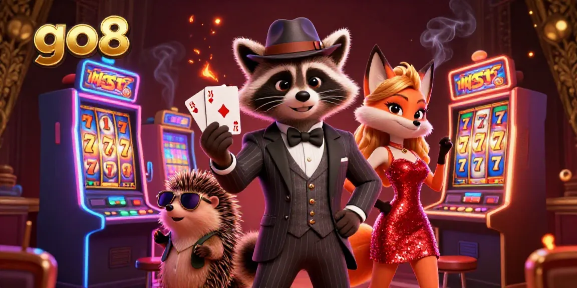 Experience the excitement of go8 gaming with a suave raccoon showcasing a royal flush in a vibrant casino scene.
