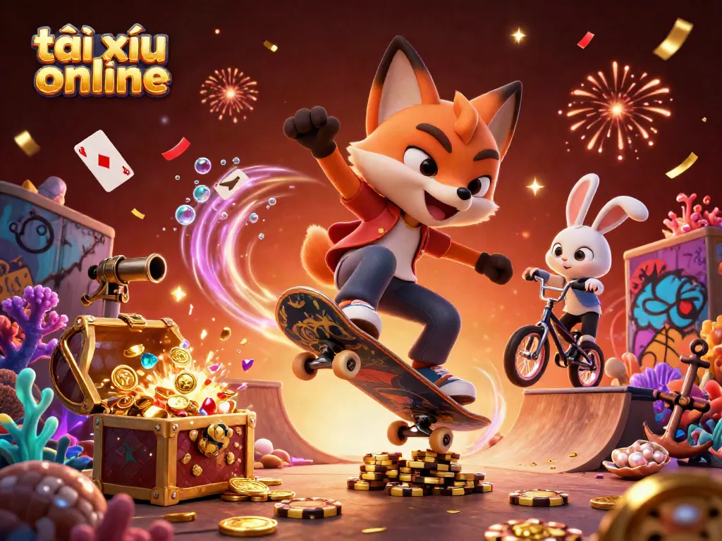 Tài xỉu online game scene featuring a skateboarder fox and BMX rabbit in a vibrant casino atmosphere, dynamic and engaging.