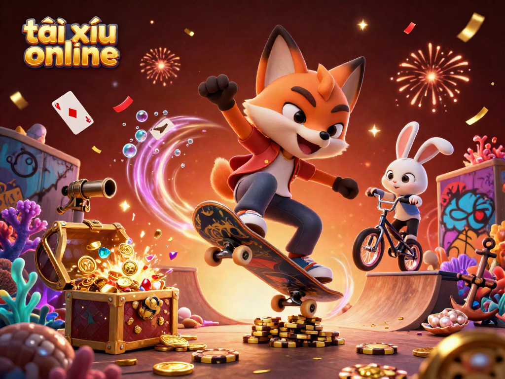 Tài xỉu online game scene featuring a skateboarder fox and BMX rabbit in a vibrant casino atmosphere, dynamic and engaging.