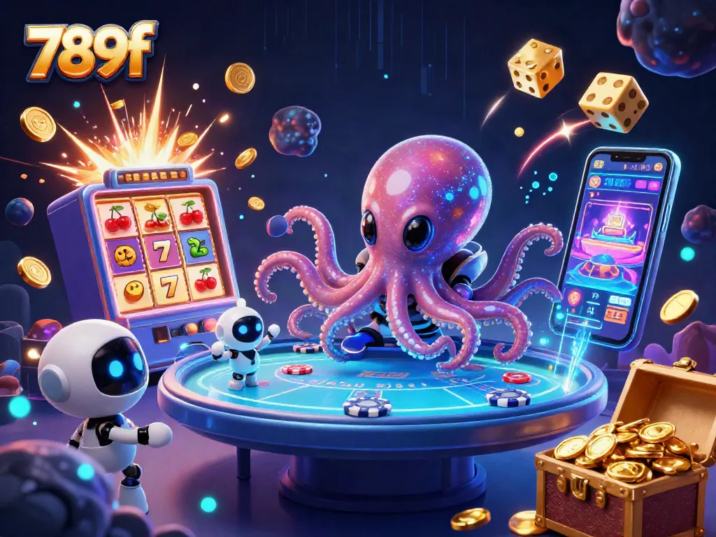 Innovative 789f gaming scene featuring an alien octopus and robot at a holographic poker table amid dynamic casino elements.