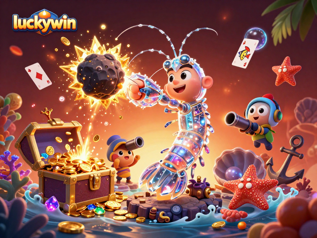 Engage with luckywin's vibrant scene featuring dynamic underwater characters and colorful treasures.