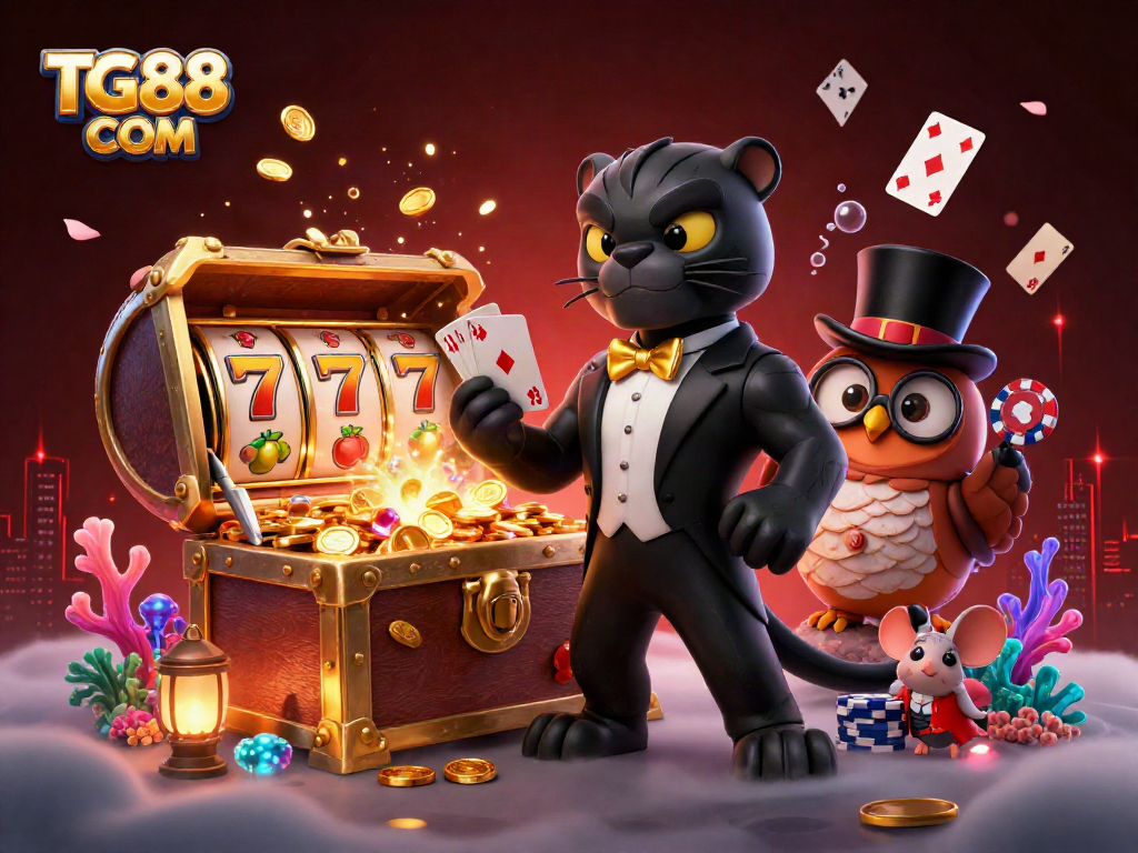 Engage with thrilling games and jackpots at TG88 COM illustrated in a vibrant 3D casino scene.