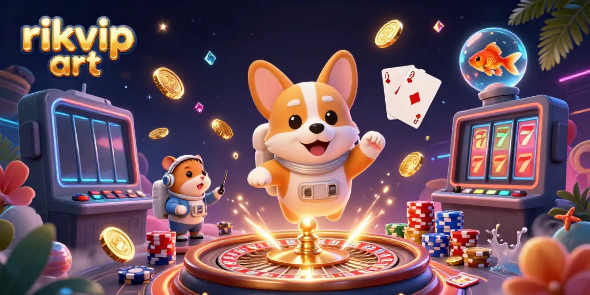 Experience the excitement of rikvip art in a vibrant casino scene featuring a floating astronaut corgi and whimsical elements.