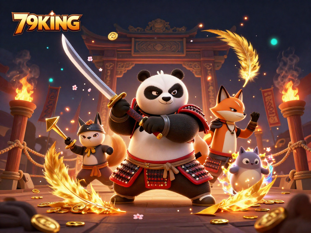 Engage with thrilling action at 79KING casino, showcasing vibrant samurai panda and ninja fox characters.