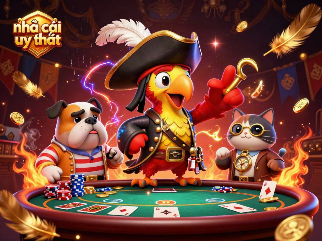 Engage with nhà cái uy tín through a lively poker scene featuring colorful characters and atmospheric effects.