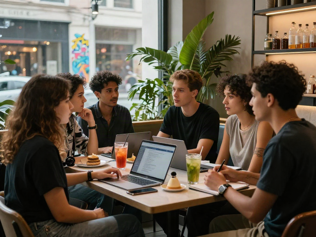 Engaging conversation about nsfw topics in a trendy urban café.