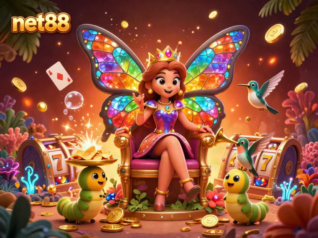 Experience thrilling adventures with net88 in this vibrant casino-themed illustration featuring a butterfly queen.