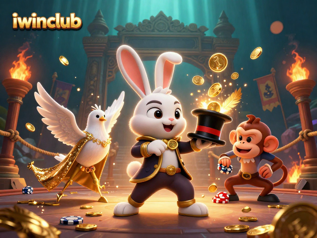 Join the excitement with iwinclub's magical casino adventure featuring animated characters and vibrant gambling elements.