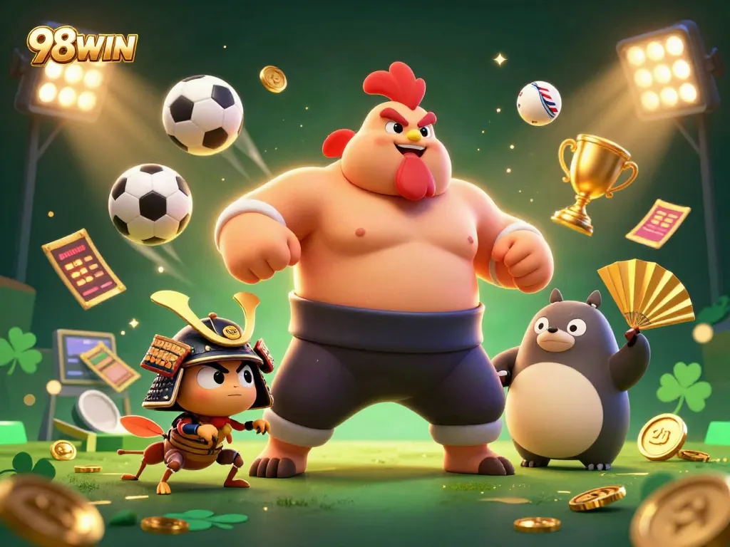 Experience thrilling action at 98WIN, where a sumo wrestler rooster, a samurai cricket, and a tanuki announcer bring excitement to sports betting.
